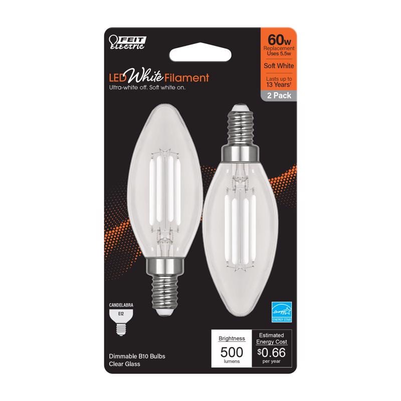 Feit BPCTC60927WFIL2 White B10 E12 (Candelabra) Filament LED Bulb Soft White 60 Watt Equivalence 2 pk