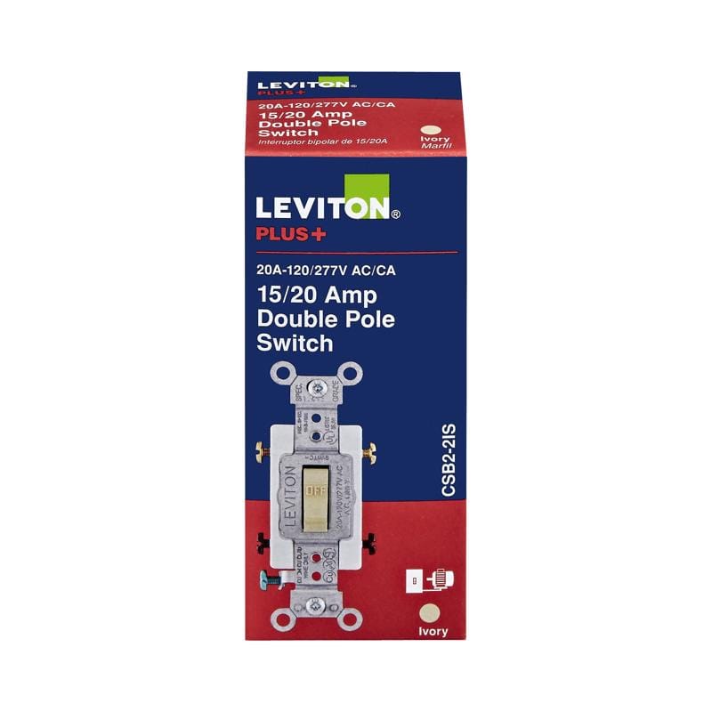 Leviton 0CSB2-2IS 20 amps Double Pole Toggle AC Quiet Switch Ivory 1 pk