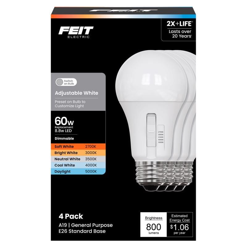 Feit OM60DM/5CCTCA/4 A19 E26 (Medium) LED Bulb Adjustable White 60 Watt Equivalence 4 pk