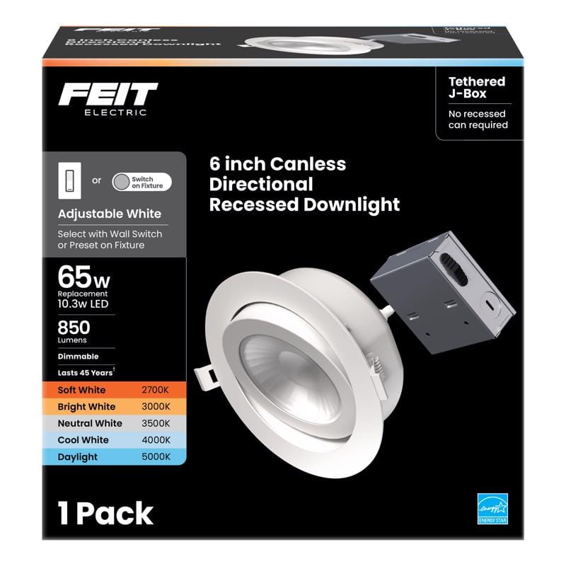 Feit LEDR6XTADJ6WYCA White 6 in. W Aluminum LED Canless Recessed Downlight 10.3 W