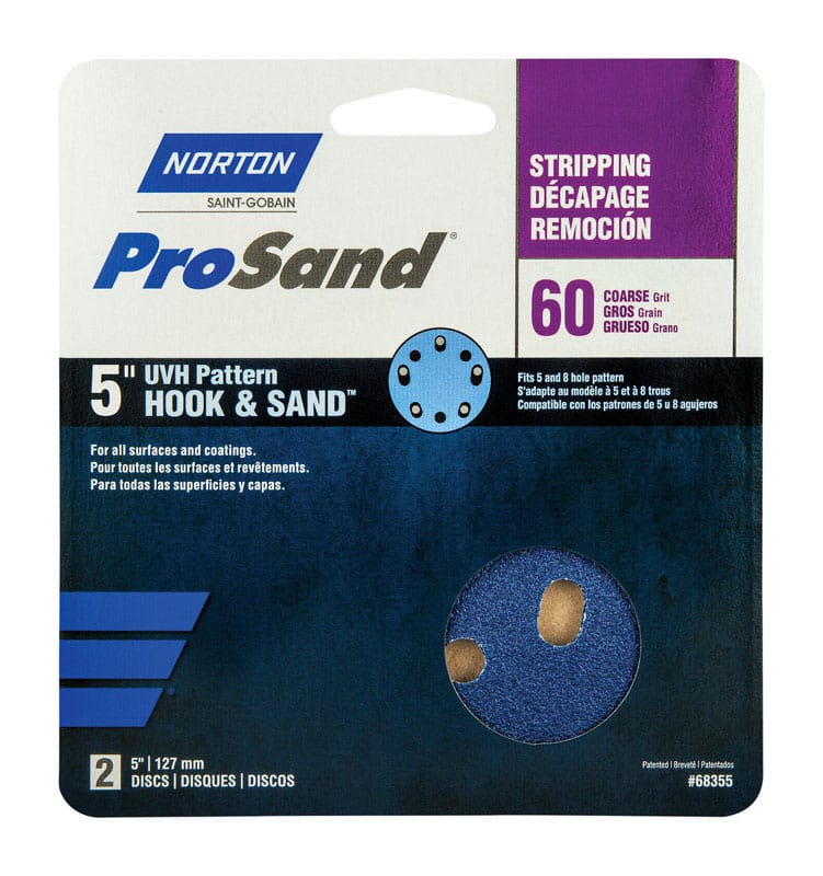 Norton 07660768355 ProSand 5 in. Zirconia Alumina Hook and Loop Sanding Disc 60 Grit Coarse 2 pk