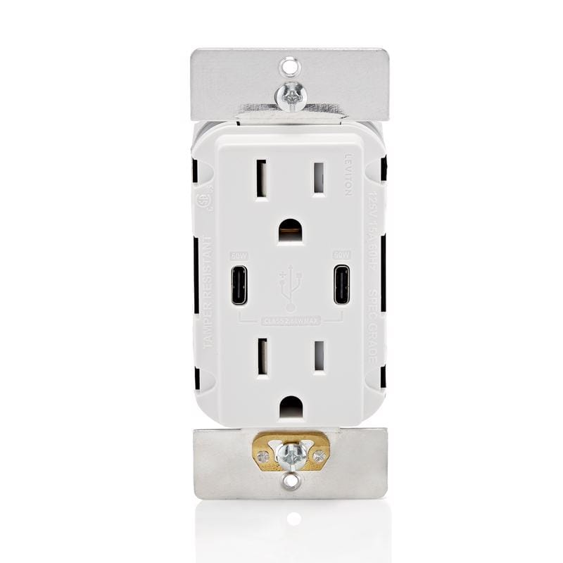 Leviton CC1P6-0BW Decora 15 amps 125 V Duplex and Type C White Outlet and USB Charger 5-15R 1 pk