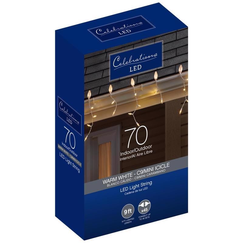 Celebrations 13001-71 Blue LED C9 Warm White 70 ct Icicle Christmas Lights 9 ft.