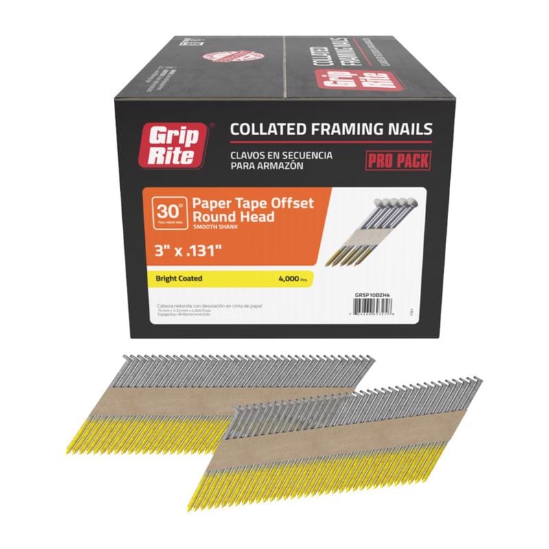 Grip-Rite GRSP10DZH4 3 in. L Angled Strip Bright Framing Nails 30 deg 4000 pk