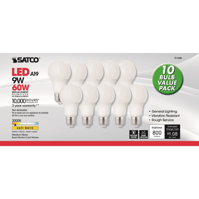Satco S11400 A19 E26 (Medium) LED Bulb Soft White 60 Watt Equivalence 10 pk