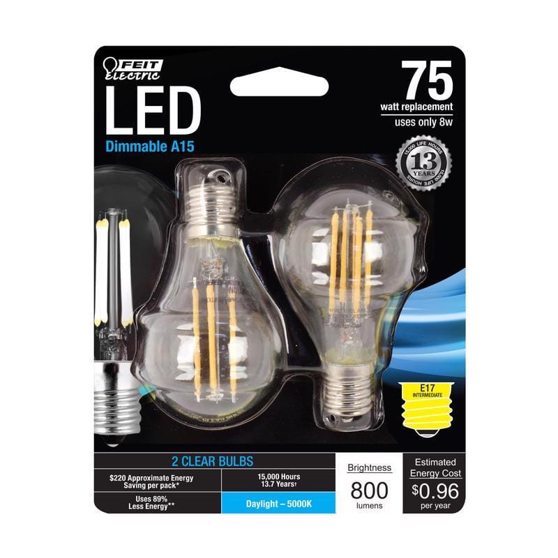 Feit BPA1575N850FIL2 A15 E17 (Intermediate) Filament LED Bulb Daylight 75 Watt Equivalence 2 pk