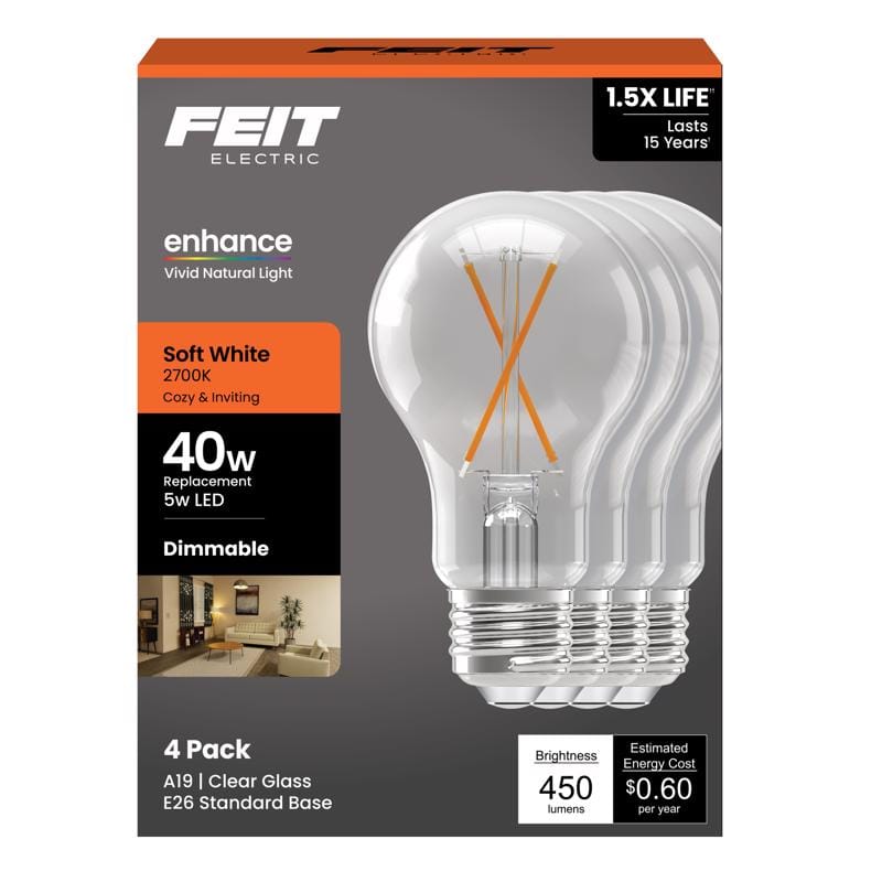 Feit A1940CL927/FIL4 Enhance A19 E26 (Medium) Filament LED Bulb Soft White 40 Watt Equivalence 4 pk