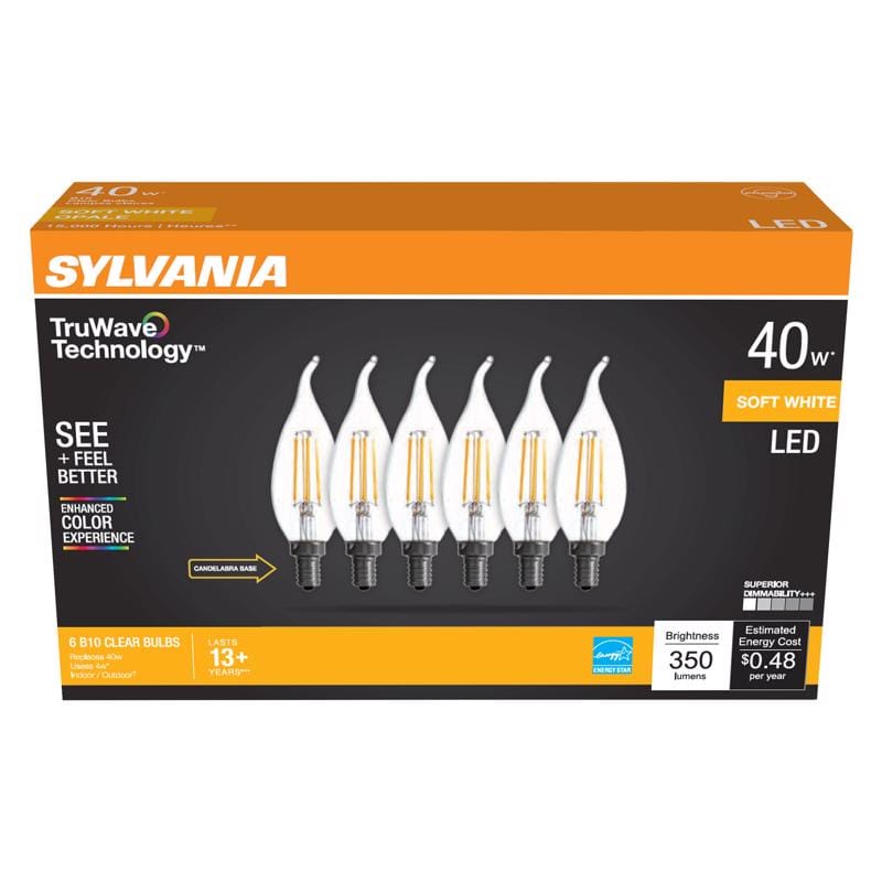 Sylvania 41319 Truwave B10 E12 (Candelabra) LED Bulb Soft White 40 Watt Equivalence 6 pk