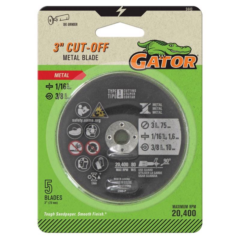 Gator 9440GA 3 in. D X 3/8 in. X 1/16 in. thick Aluminum Oxide Type 1 Metal Cut-Off Blade 5 pc