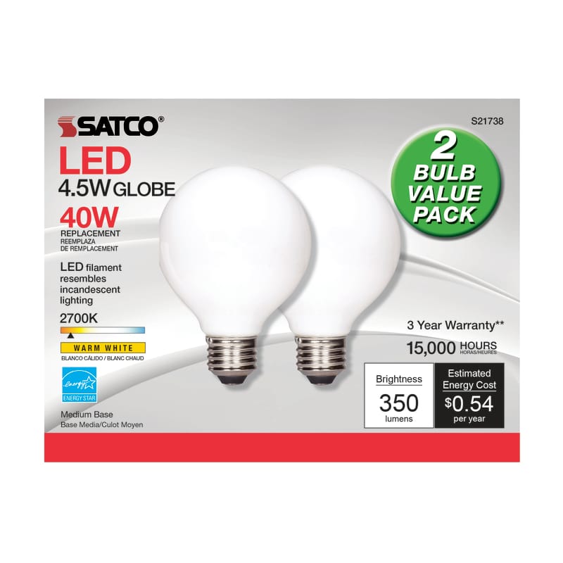 Satco S21244 G25 E26 (Medium) LED Bulb Warm White 40 Watt Equivalence 2 pk
