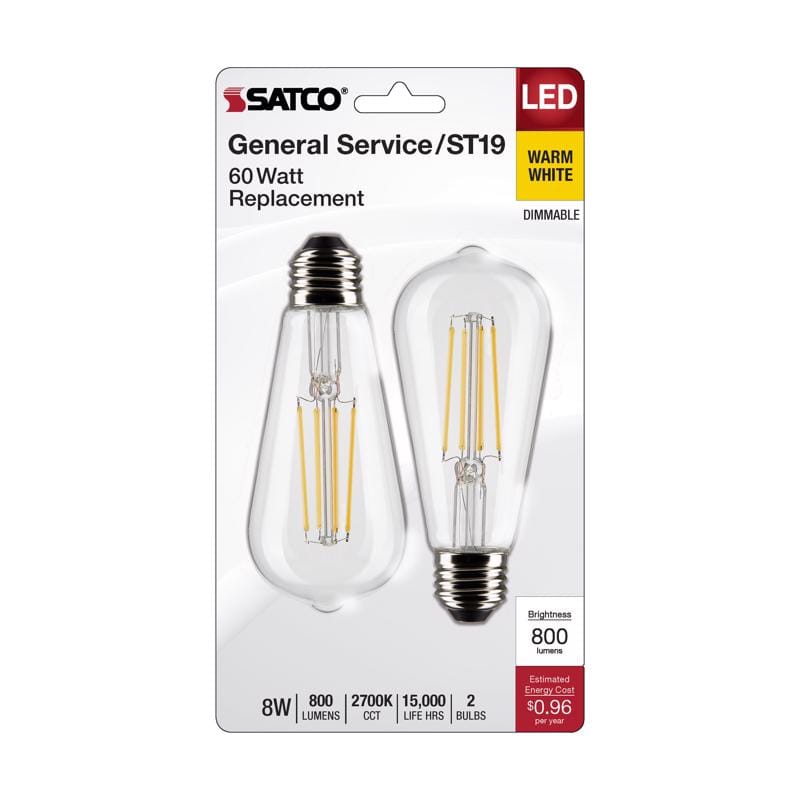 Satco S21870 ST19 E26 (Medium) Filament LED Bulb Warm White 60 Watt Equivalence 2 pk