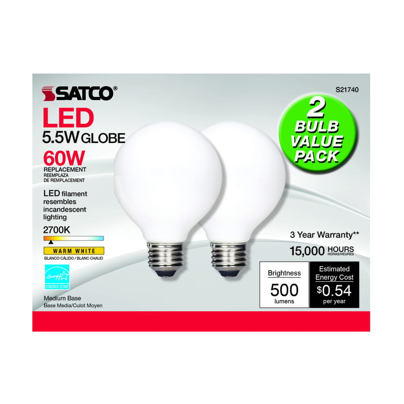 Satco S21247 G25 E26 (Medium) LED Bulb Warm White 60 Watt Equivalence 2 pk