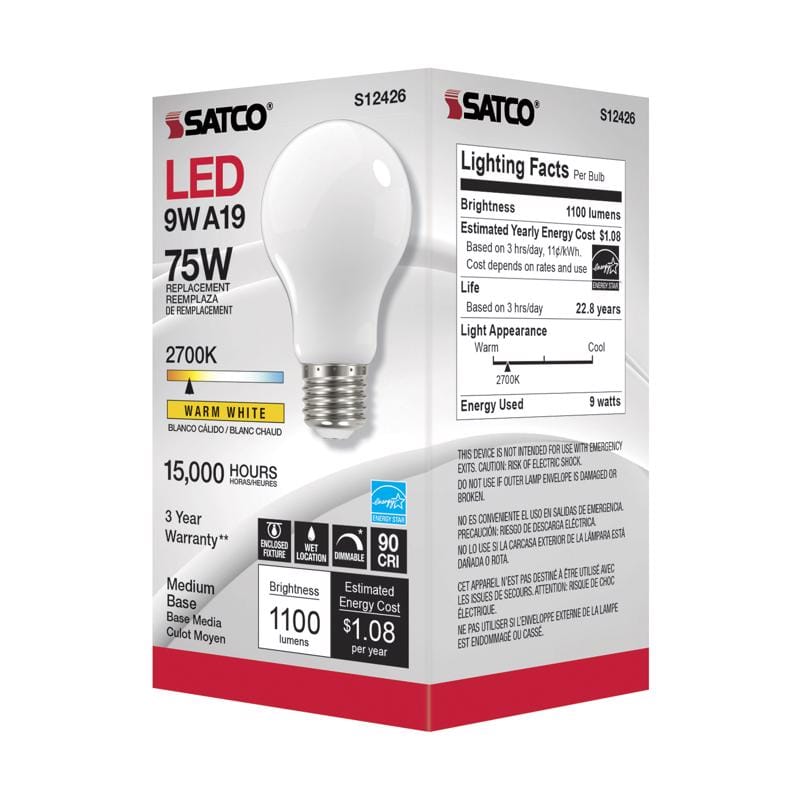 Satco S12426 A19 E26 (Medium) LED Bulb Soft White 75 Watt Equivalence 1 pk