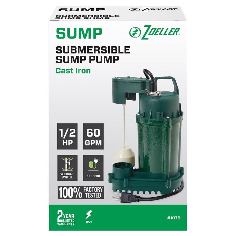 Zoeller 1075-0001 1/2 HP 3600 gph Cast Iron Vertical Float Switch AC Submersible Sump Pump 9 ft