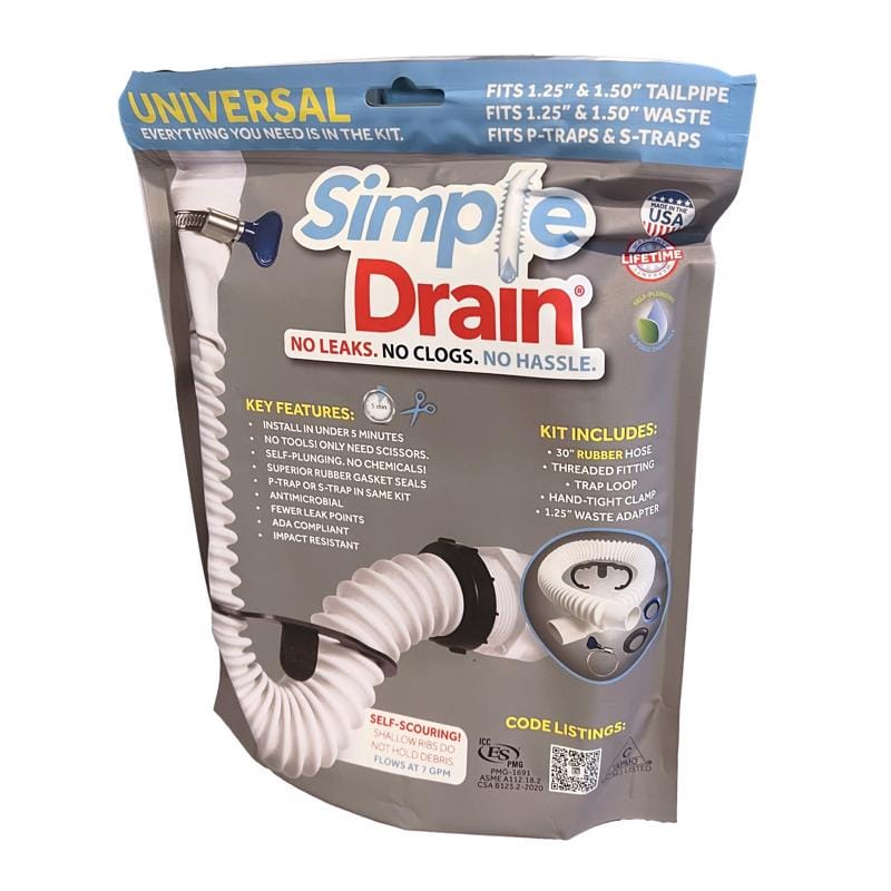 Simple Drain 3EA-1V2-TC0 1.25 in. D X 2.5 ft. L Rubber Slotted Sink Drain Kit