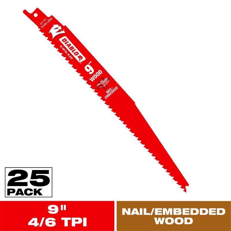 Diablo DS0912BW25 9 in. Bi-Metal Nail Embedded Wood Reciprocating Saw Blade 4/6 TPI 25 pk