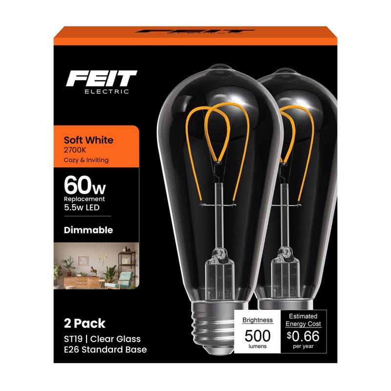 Feit ST1960M2927FIL2 ST19 E26 (Medium) Filament LED Bulb Soft White 60 Watt Equivalence 2 pk