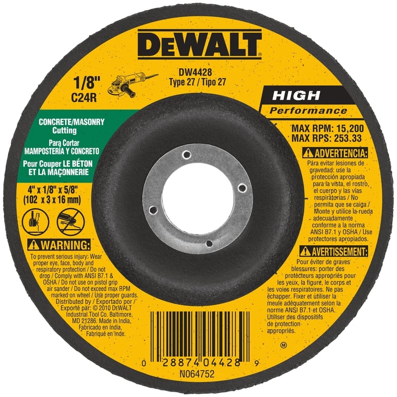 Dewalt DW4428 High Performance 4 in. D X 5/8 in. X 1/8 in. thick Masonry Grinding Wheel 1 pc