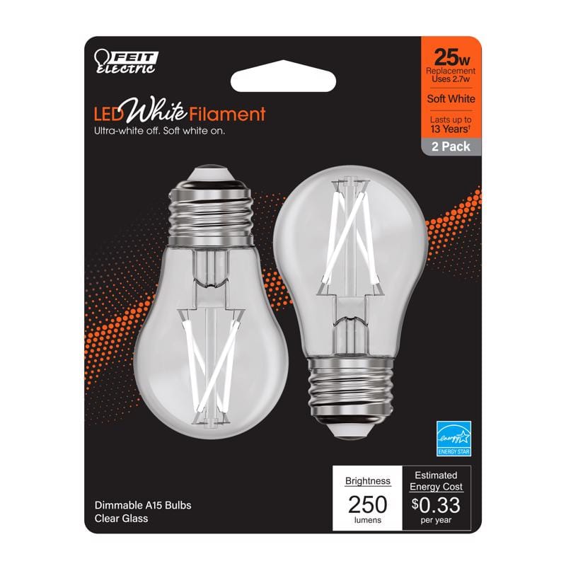 Feit BPA1525927WFIL2 White A15 E26 (Medium) Filament LED Bulb Soft White 25 Watt Equivalence 2 pk