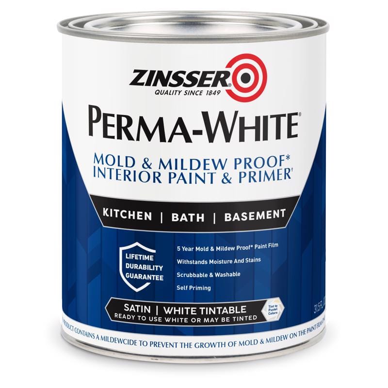Zinsser 2704 Perma-White Satin White Water-Based Mold and Mildew-Proof Paint Interior 1 qt