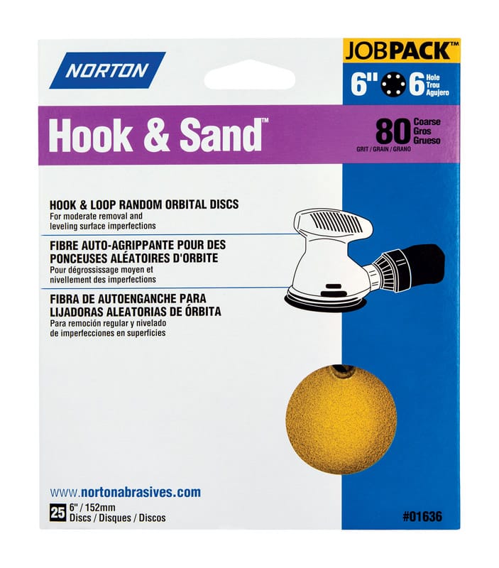 Norton 07660701636 Hook & Sand 6 in. Aluminum Oxide Hook and Loop A250/A290 Sanding Disc 80 Grit Coarse 25 pk