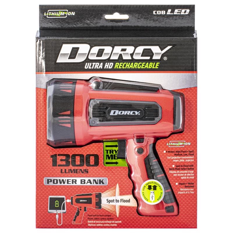 Dorcy 414356 1300 lm Black/Red LED Rechargeable Spotlight + Power Bank 4400 mAh Lithium Ion Battery