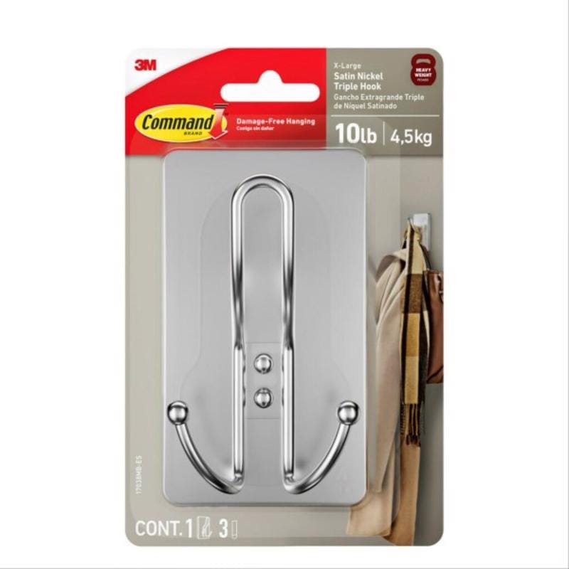 3M 17038SN-ES Satin Nickel Plastic Triple Hook 1 pk