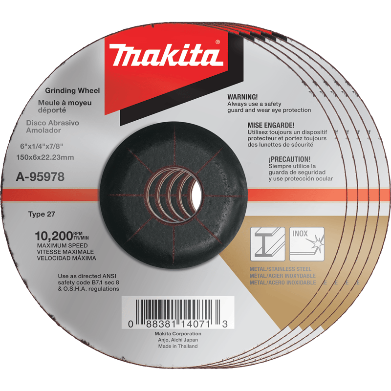 Makita A-95978-5 6" x 1/4" x 7/8" INOX Grinding Wheel, 36 Grit, 5/pk