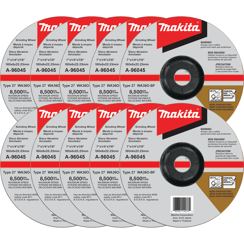 Makita A-96045-10 7" x 1/4" x 7/8" INOX Grinding Wheel, 36 Grit, 10/pk