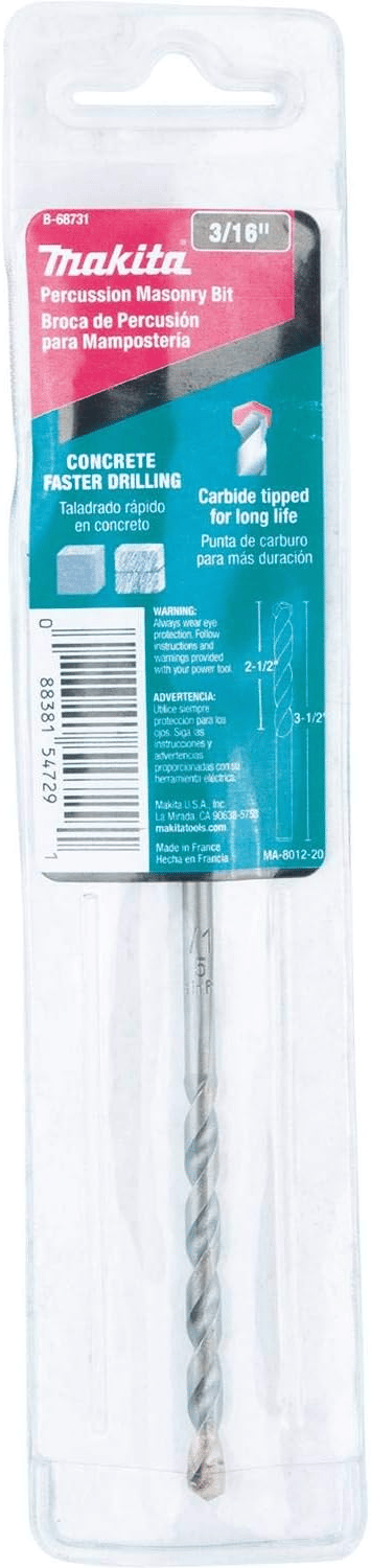 Makita B-68731 3/16" x 3-1/2" Carbide Tipped Percussion Masonry Hammer Drill Bit