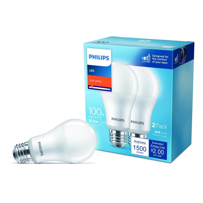 Philips 575886 A19 E26 (Medium) LED Bulb Soft White 100 Watt Equivalence 2 pk
