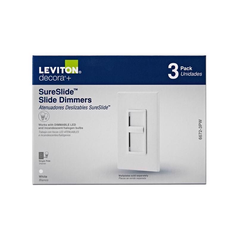 Leviton 6672-3PW Decora SureSlide White 600 W Slide Dimmer Switch 3 pk