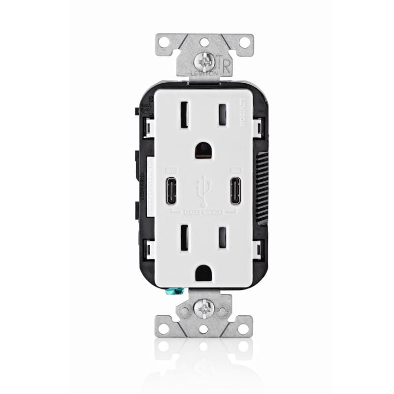 Leviton CC1P3-0BW Decora 15 amps 125 V Duplex and Type C White Outlet and USB Charger 5-15R 1 pk