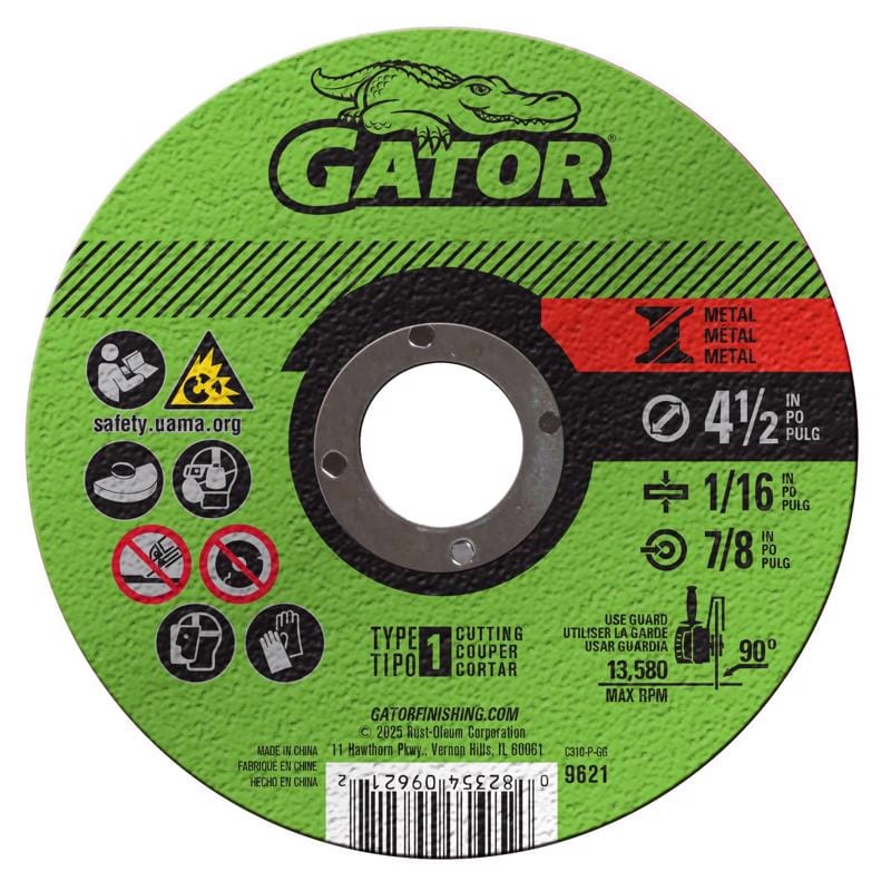 Gator 9621 4-1/2 in. D X 7/8 in. X 1/16 in. thick Aluminum Oxide Type 1 Metal Cut-Off Wheel 1 pc