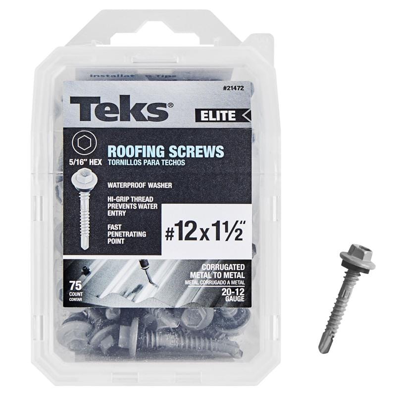 Teks 21472 Elite No. 12 X 1-1/2 in. L Hex Drive Hex Washer Head Self Tapping Roofing Screws