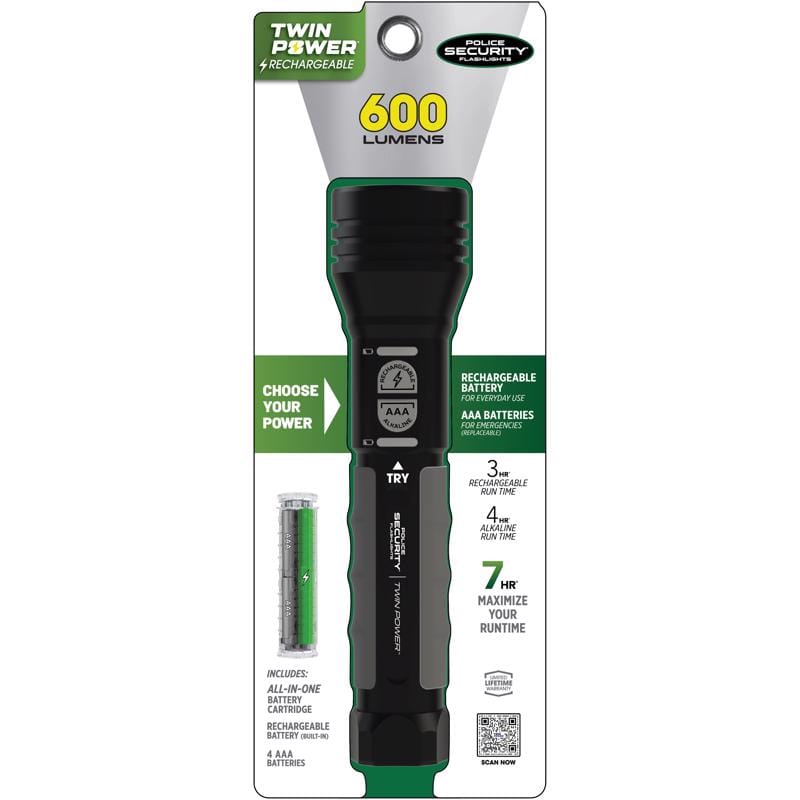 Police Security 97948 Twin Power 1000 lm Black LED Rechargeable Flashlight AAA Battery