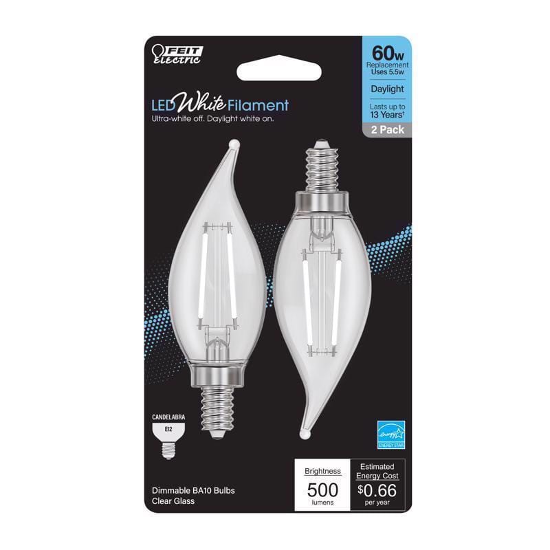 Feit BPCFC60950WFIL2 White BA10 E12 (Candelabra) LED Flame Bulb Daylight 60 Watt Equivalence 2 pk