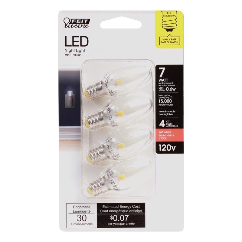 Feit BP7C7/827/LED/4 C7 E12 (Candelabra) LED Bulb Soft White 7 Watt Equivalence 4 pk