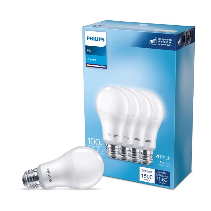 Philips 565416 A19 E26 (Medium) LED Bulb Daylight 100 Watt Equivalence 4 pk