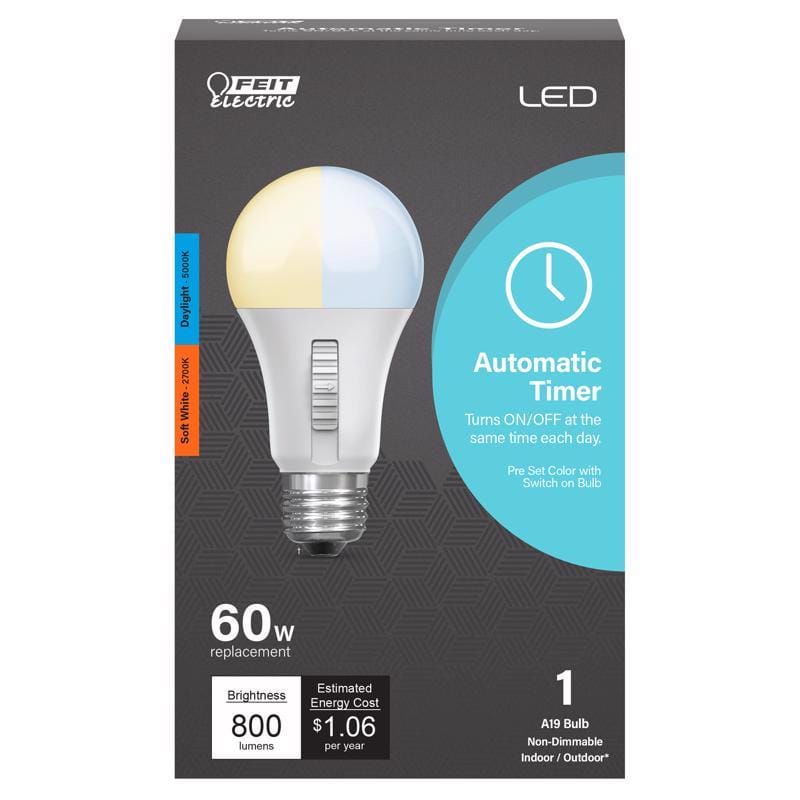 Feit OM602CCTCATIMER A19 E26 (Medium) LED Bulb Soft White 60 Watt Equivalence 1 pk