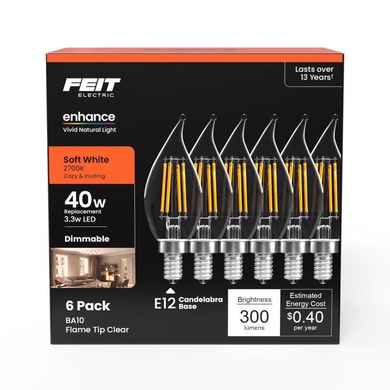 Feit CFC40927CAFIL6 Enhance CA10 (Flame Tip) E12 (Candelabra) Filament LED Bulb Soft White 40 Watt Equivalence 6 pk
