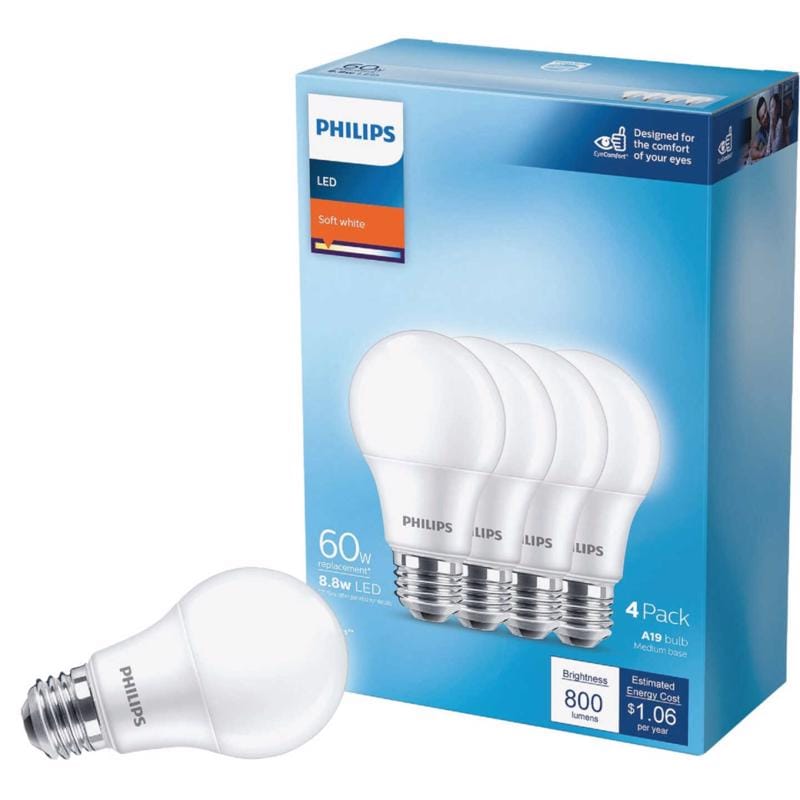 Philips 575845 A19 E26 (Medium) LED Bulb Soft White 60 Watt Equivalence 4 pk