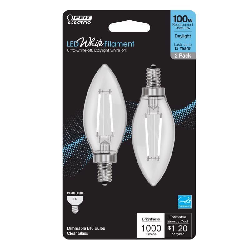 Feit BPCTC100950WFL2 White B10 E12 (Candelabra) Filament LED Bulb Daylight 100 Watt Equivalence 2 pk