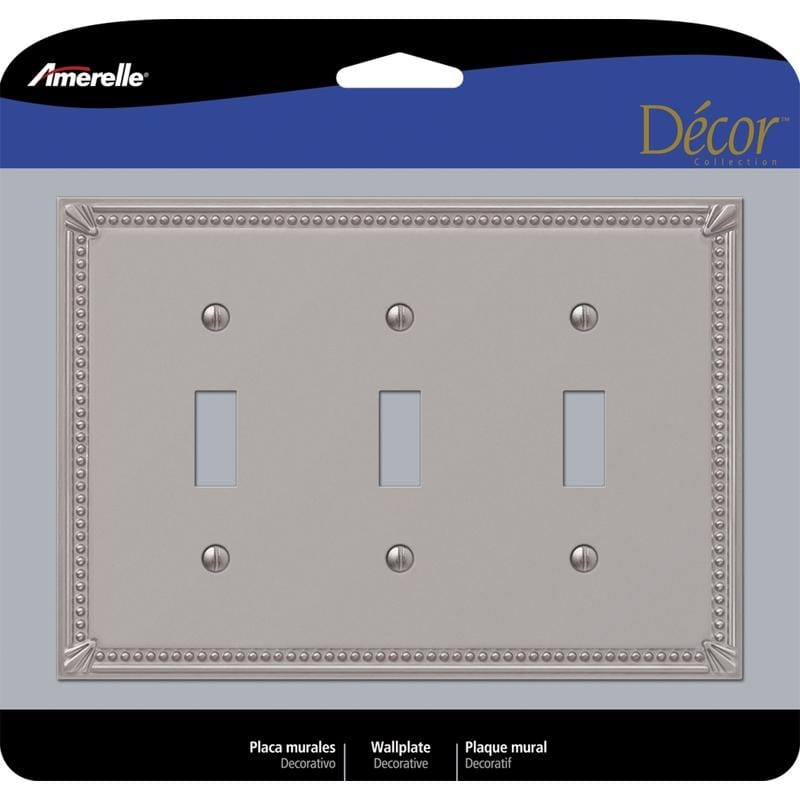 Amerelle 74TTTBN Imperial Bead Brushed Nickel 3 gang Metal Toggle Wall Plate 1 pk