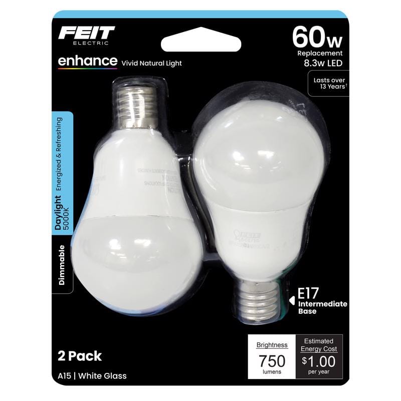 Feit BPA1560N/950CA2 Enhance A15 E17 (Intermediate) LED Bulb Daylight 60 Watt Equivalence 2 pk