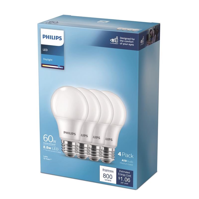Philips 575837 A19 E26 (Medium) LED Bulb Daylight 60 Watt Equivalence 4 pk