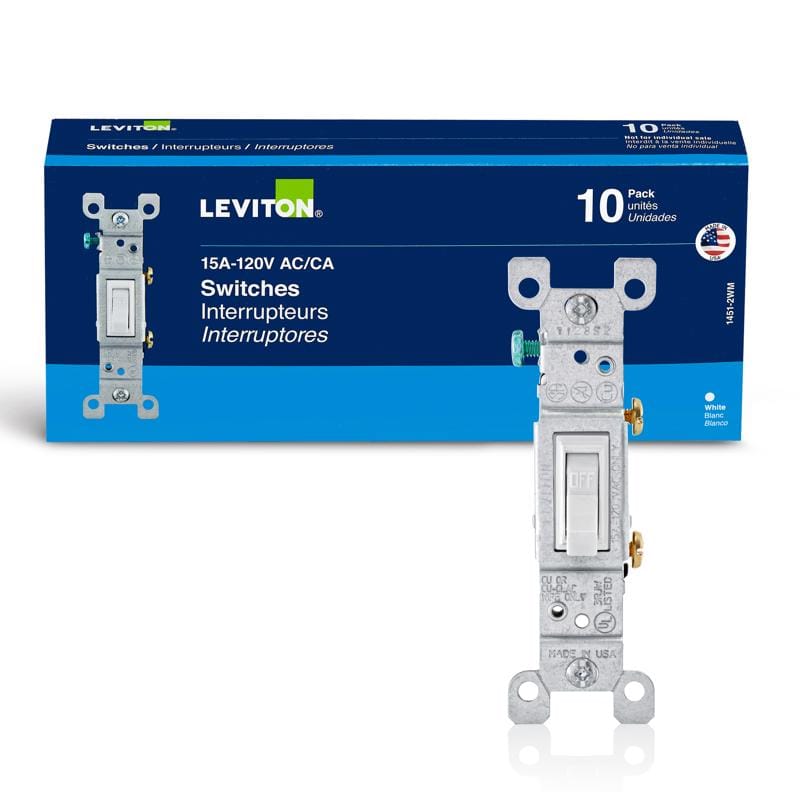 Leviton 01451-2WM 15 amps Single Pole Toggle AC Quiet Switch White 10 pk