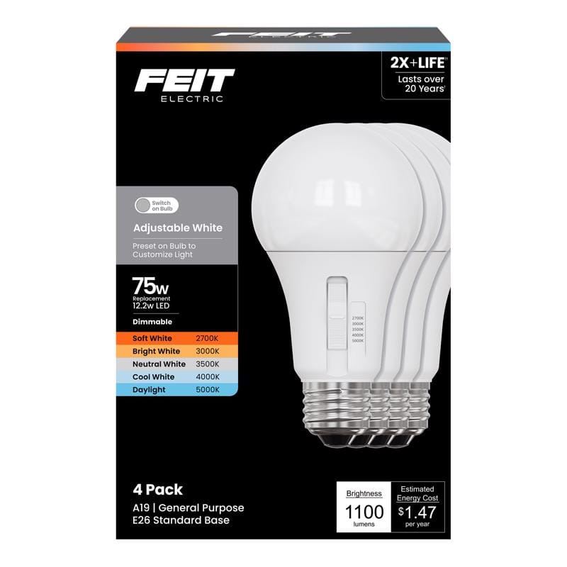 Feit OM75DM/5CCTCA/4 A19 E26 (Medium) LED Bulb Adjustable White 75 Watt Equivalence 4 pk