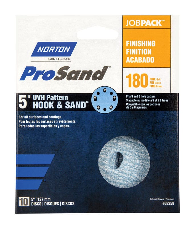 Norton 07660768359 ProSand 5 in. Ceramic Alumina Hook and Loop A975 Sanding Disc 180 Grit Fine 10 pk
