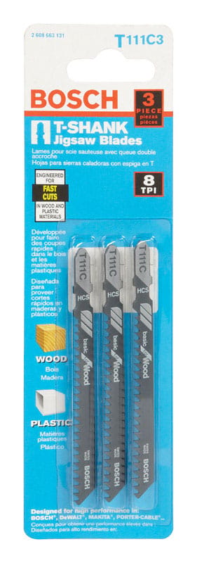 Bosch T111C3 4 in. High Carbon Steel T-Shank Side set and milled Jig Saw Blade 8 TPI 3 pk